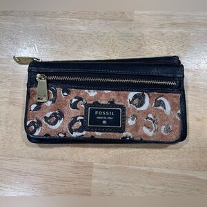 Vintage Fossil Black and Brown Animal Print Wallet pebbled leather cowhide